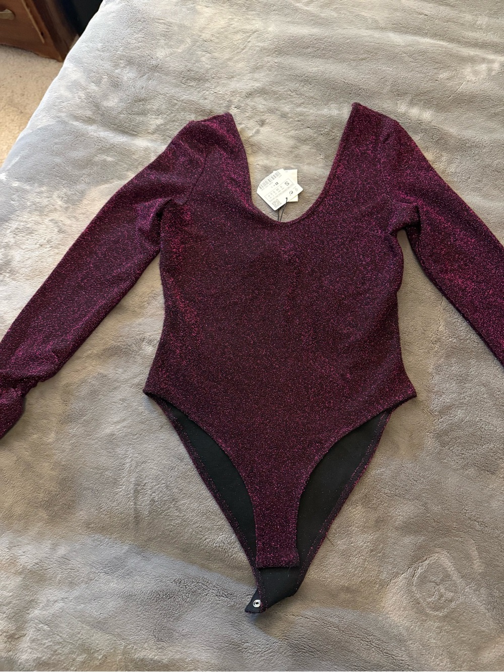Zara  Sparkle Long-Sleeve One-Piece Bodysuit in Plum